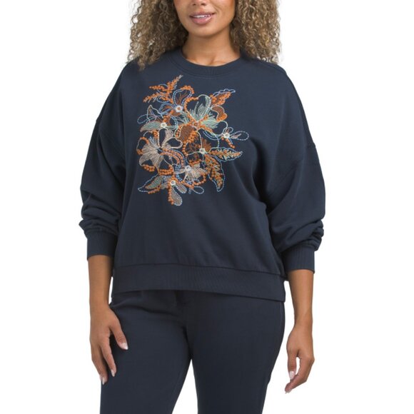 DRIFTWOOD JEANS Navy Floral Embroidered Teddy Sweatshirt - Picture 1 of 2